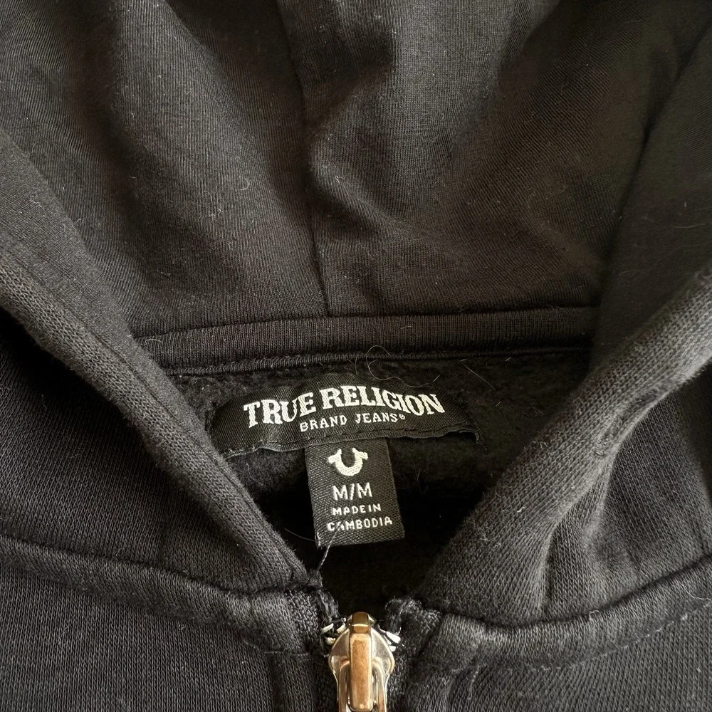 True Religion Men's M Black Full Zip Hoodie Graphic Logo Red Print Pockets